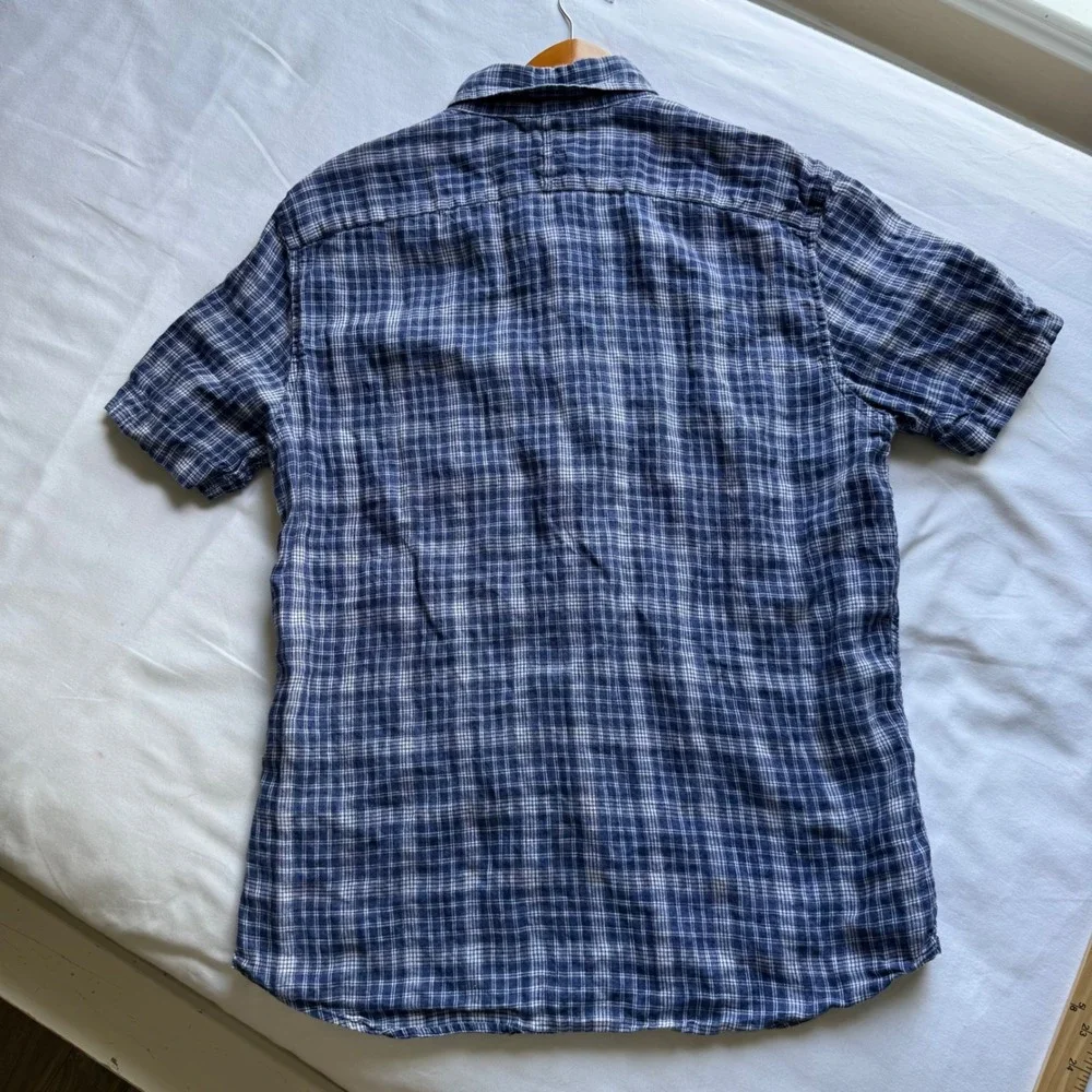 Banana Republic Mens Medium Blue Plaid 100% Linen Camden Standard Fit Shirt SS